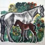 Лошади цветная линогравюра